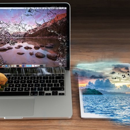 Laptop, tablet and phone with outside images